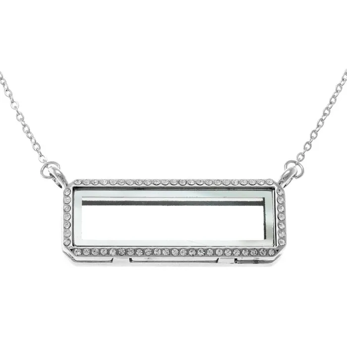 JE0182 Glass Locket Pendant Magnetic Silver Bar with Chain Necklaces