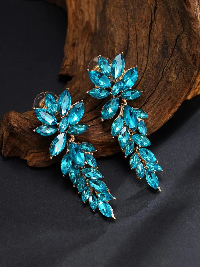 Kairangi Elegant A5 Grade Sparkling Crystal Classic Leafy Design Crystal Drop Earrings For Women And Girls Sky Blue Yellow Chimes Earrings