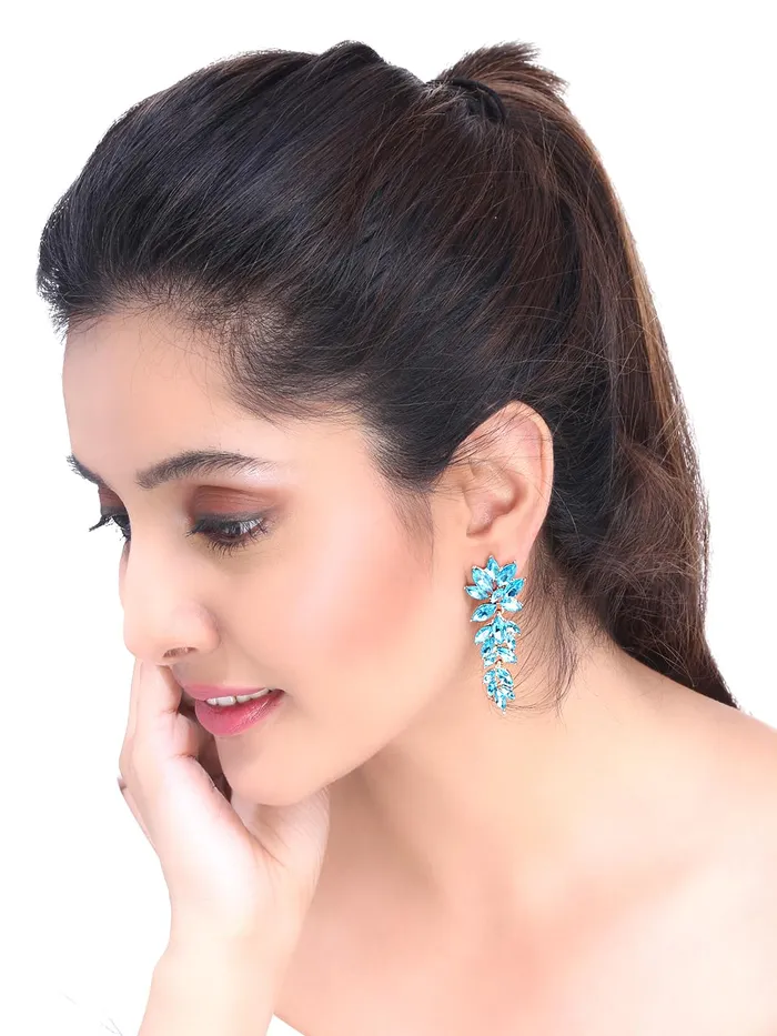 Kairangi Elegant A5 Grade Sparkling Crystal Classic Leafy Design Crystal Drop Earrings For Women And Girls Sky Blue Yellow Chimes Earrings