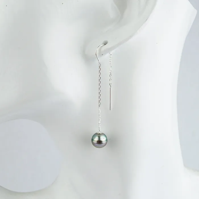 Kamoka Pearl Earrings Pink Circled Tahitian Pearl Chain Threader Dangle Earrings