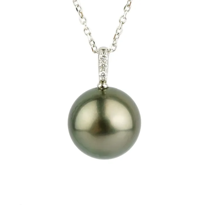Kamoka Pearl Necklaces Tahitian Warm Green Pearl Diamond clat Pendant or Necklace on 14KWG