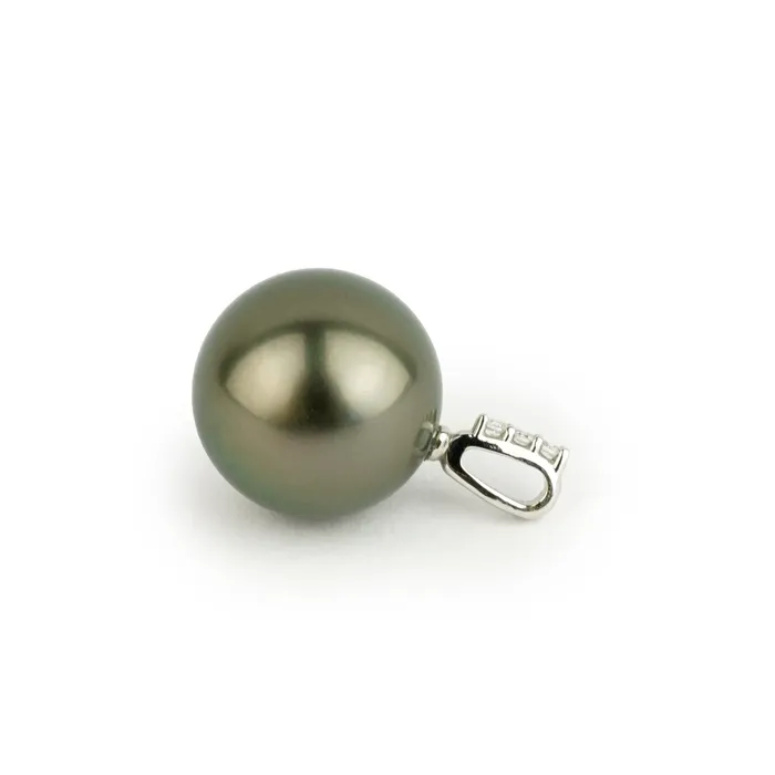 Kamoka Pearl Necklaces Tahitian Warm Green Pearl Diamond clat Pendant or Necklace on 14KWG