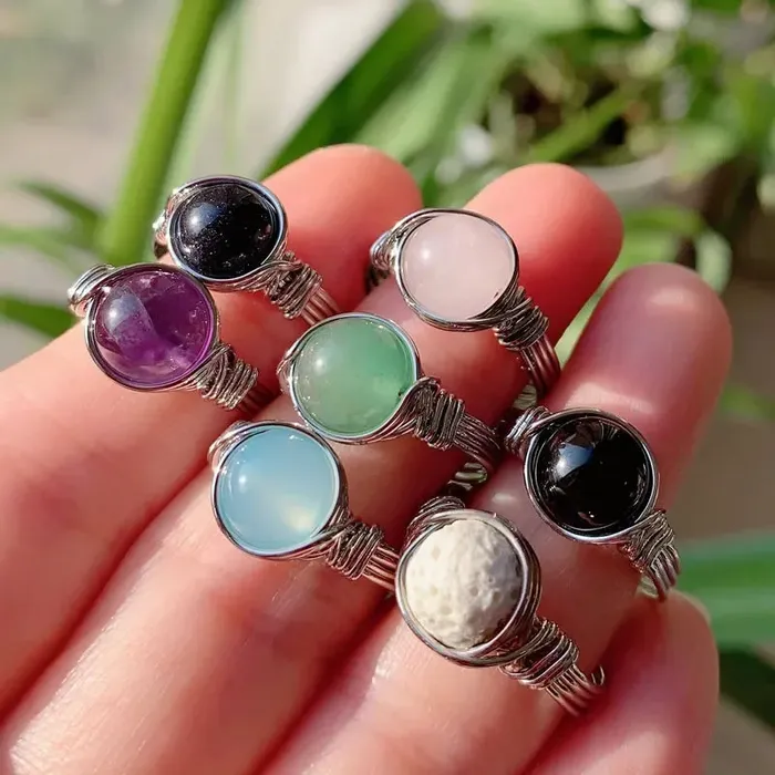 Metamorphidi Earrings Natural Stone Wire Wrapped Crystal Rings