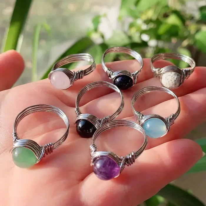 Metamorphidi Earrings Natural Stone Wire Wrapped Crystal Rings
