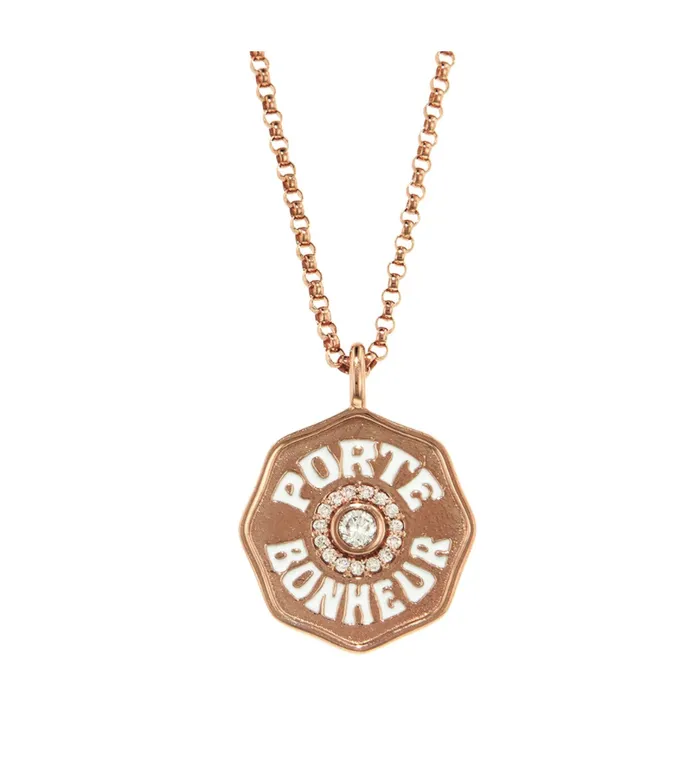 MINI DIAMOND AND WHITE ENAMEL PORTE BONHEUR COIN NECKLACE ROSE GOLD Marlo Laz Necklaces