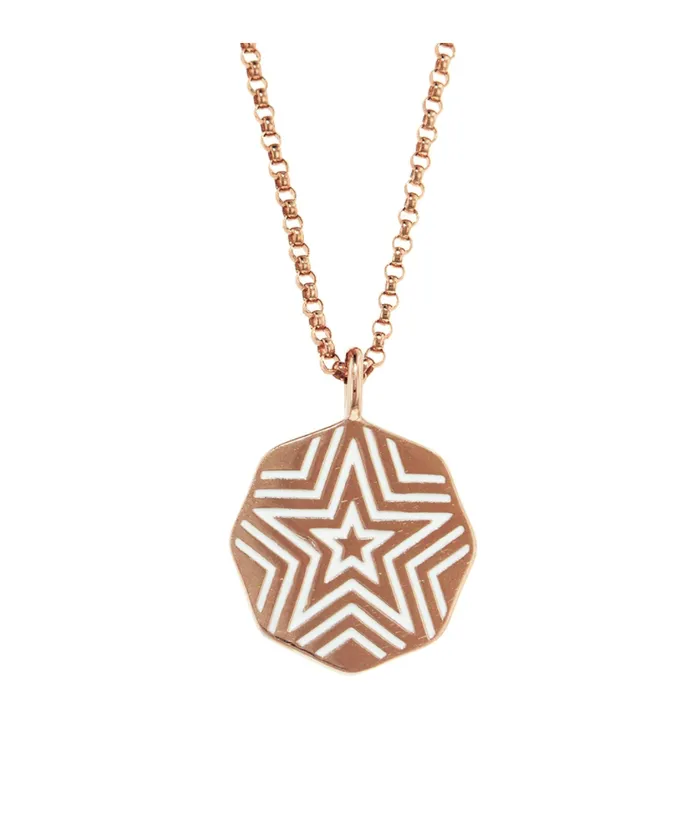 MINI DIAMOND AND WHITE ENAMEL PORTE BONHEUR COIN NECKLACE ROSE GOLD Marlo Laz Necklaces MINI DIAMOND AND WHITE ENAMEL PORTE BONHEUR COIN NECKLACE ROSE GOLD Marlo Laz Necklaces
