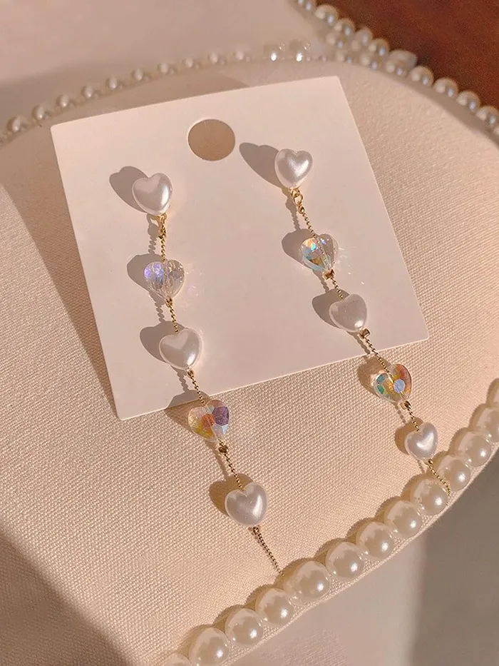 Necklaces Kairangi Earrings For Women Gold Tone Hearts Pearl and Stone Attached Long Chain Drop Dangler Earrings For Women and Girls Kairangi