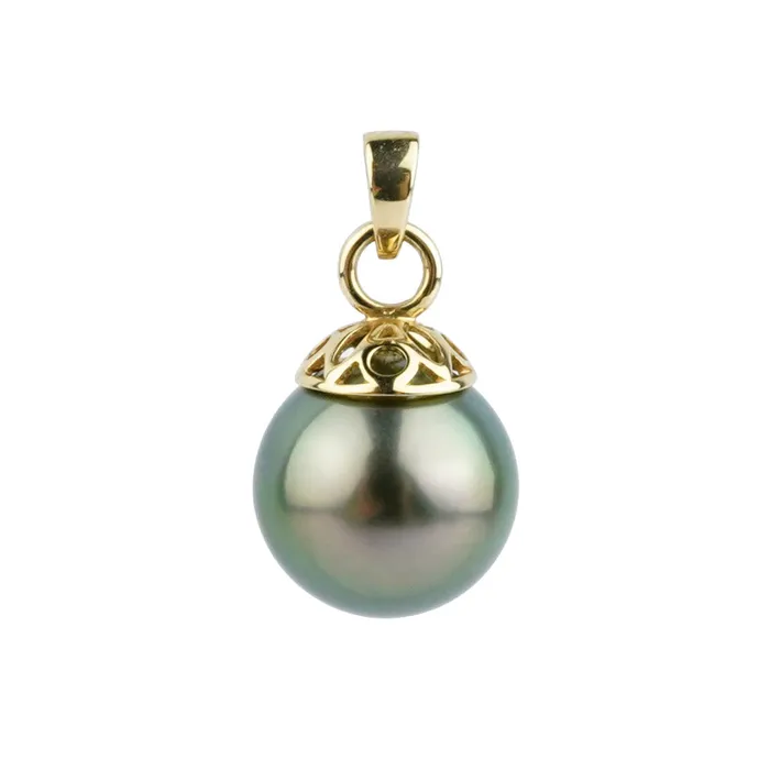 Necklaces Kamoka Pearl Peacock Green 10mm Tahitian Pearl Filigree Pendant