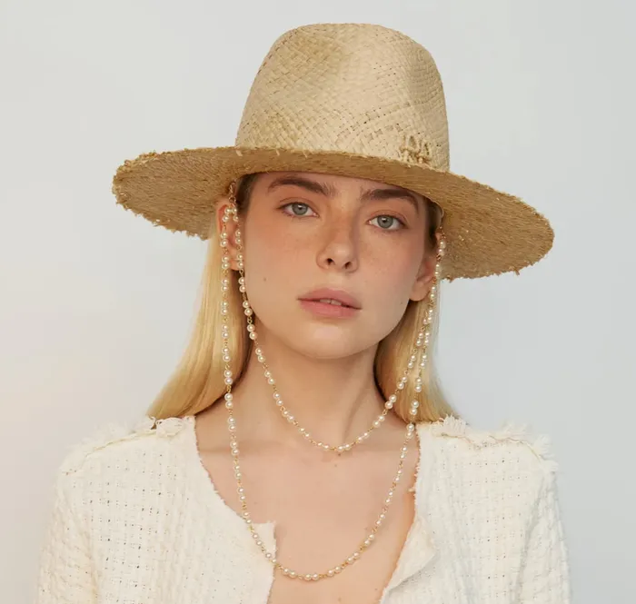 Necklaces Ruslan Baginskiy Pearl Chain FrayedBrim Fedora Hat Necklaces Ruslan Baginskiy Pearl Chain FrayedBrim Fedora Hat