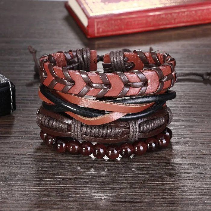 Necklaces Yellow Chimes 4 pcs Retro Cowhide Woven Wrap Natural Beads Mens Women BraceletUnisex Wrap Yellow Chimes
