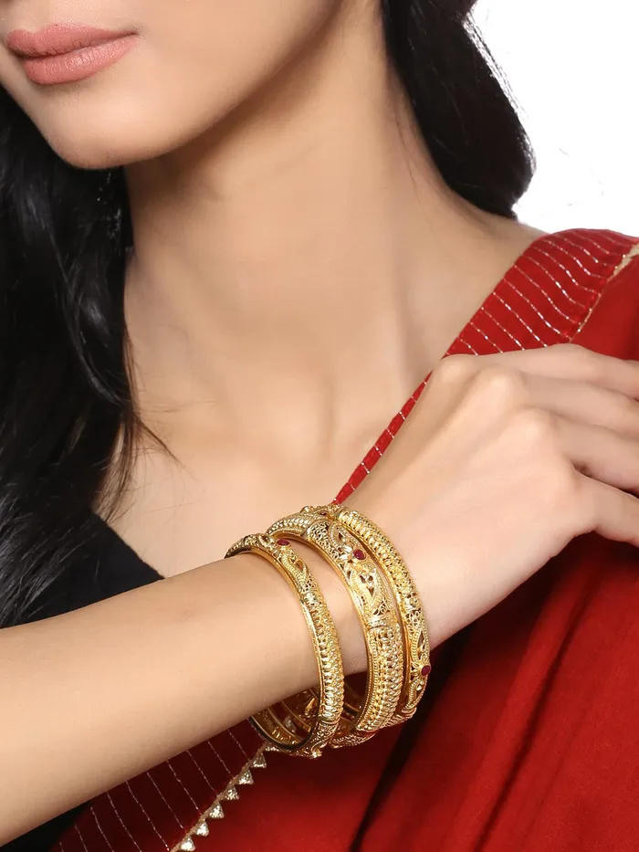 Necklaces Yellow Chimes Bangles for Women Gold Toned Red Crsytal Studded Traditional Designed Set of 3 Pcs Bangles for Women and Girls Yellow Chimes