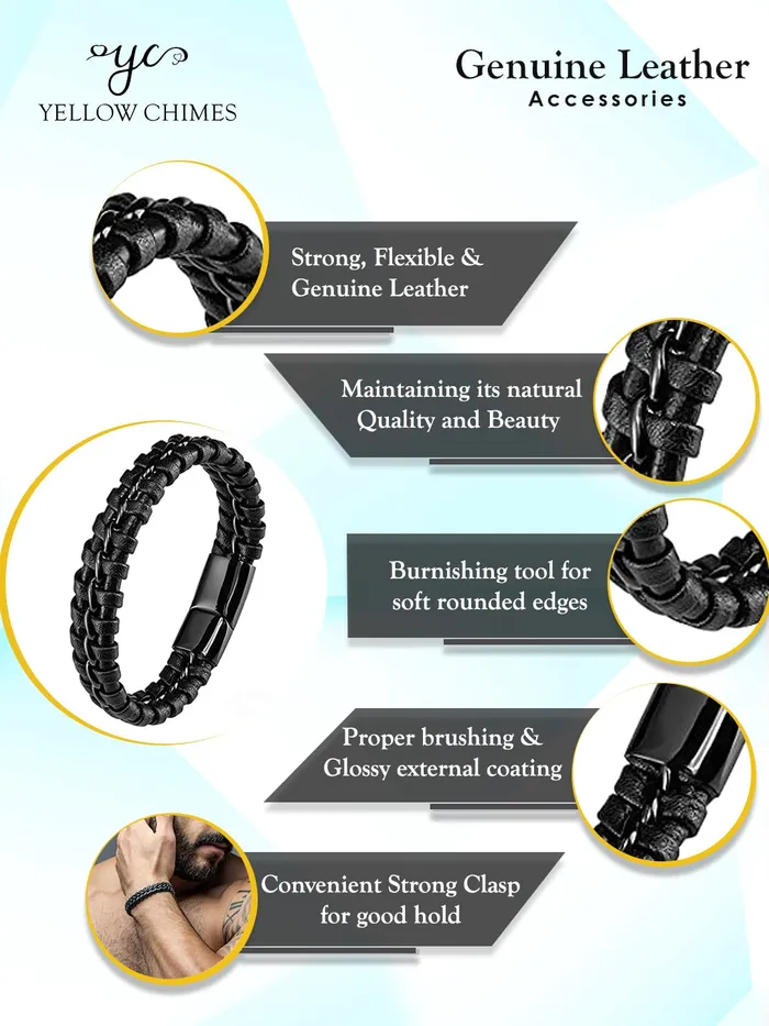 Necklaces Yellow Chimes Bracelets for Men and Boys Black Leather Bracelet for Men MagneticClasp Genuine Leather Wrap Bracelets for Men Birthday Gift for Men and Boys Anniversary Gift for Husband Yellow Chimes