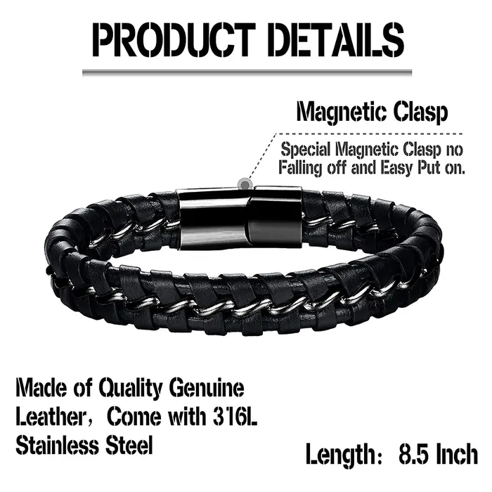 Necklaces Yellow Chimes Bracelets for Men and Boys Black Leather Bracelet for Men MagneticClasp Genuine Leather Wrap Bracelets for Men Birthday Gift for Men and Boys Anniversary Gift for Husband Yellow Chimes