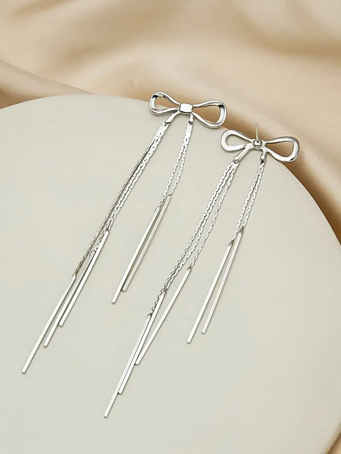Necklaces Yellow Chimes Earrings For Women Silver Toned Bow Shaped Chain Hanging Dangler Earrings For Women and Girls Yellow Chimes