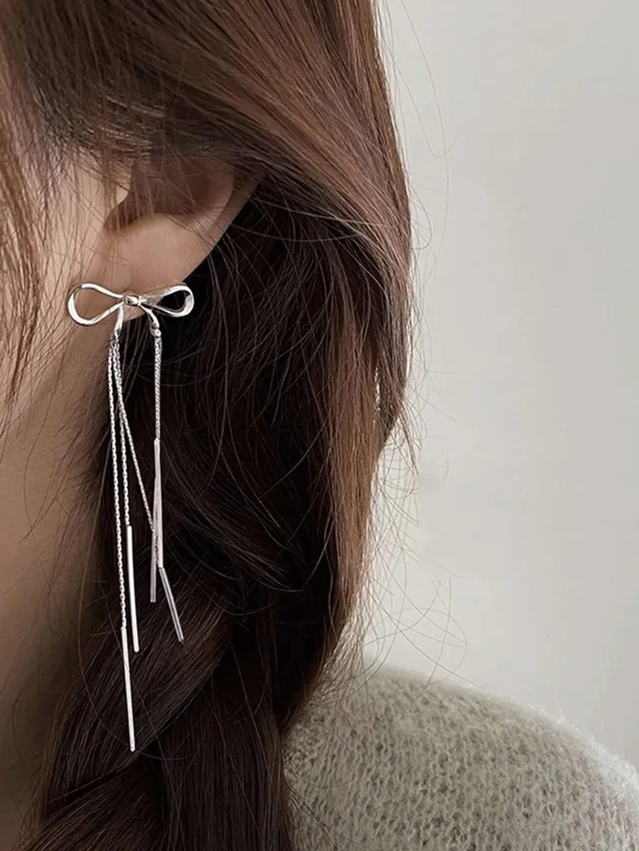 Necklaces Yellow Chimes Earrings For Women Silver Toned Bow Shaped Chain Hanging Dangler Earrings For Women and Girls Yellow Chimes