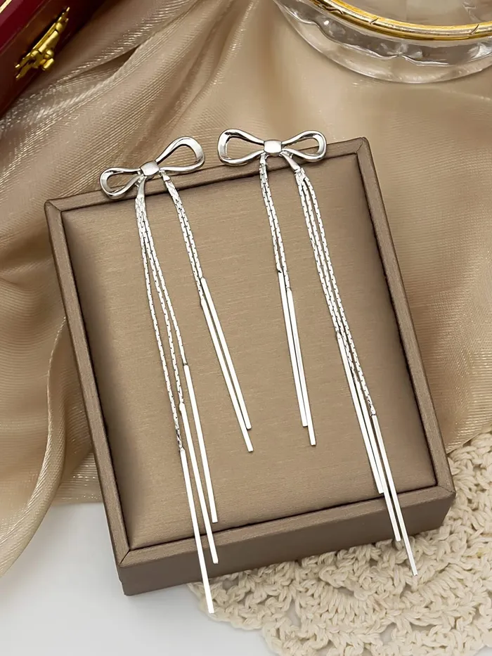 Necklaces Yellow Chimes Earrings For Women Silver Toned Bow Shaped Chain Hanging Dangler Earrings For Women and Girls Yellow Chimes