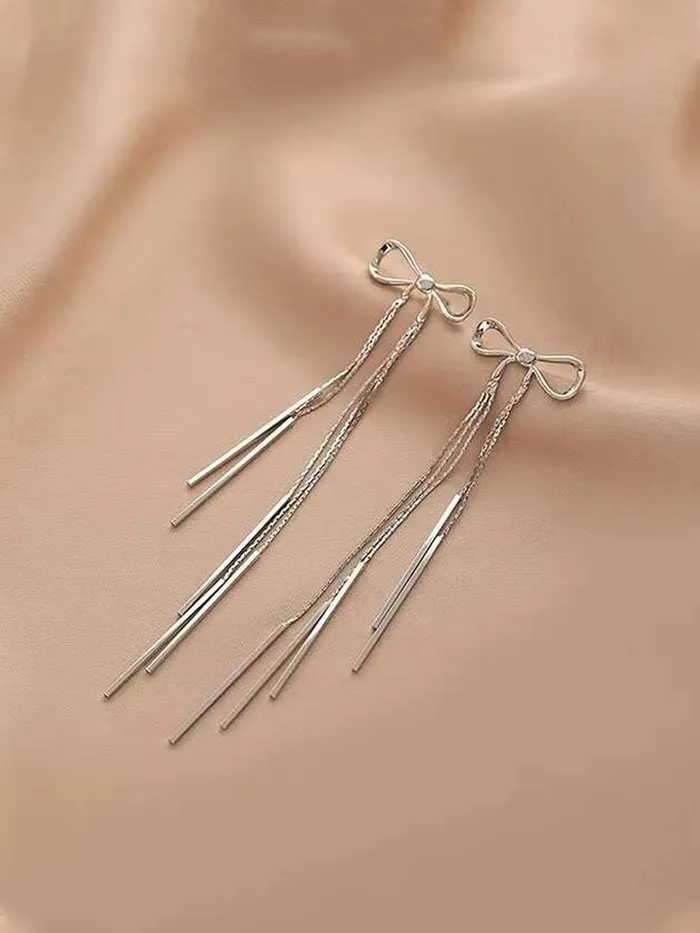 Necklaces Yellow Chimes Earrings For Women Silver Toned Bow Shaped Chain Hanging Dangler Earrings For Women and Girls Yellow Chimes