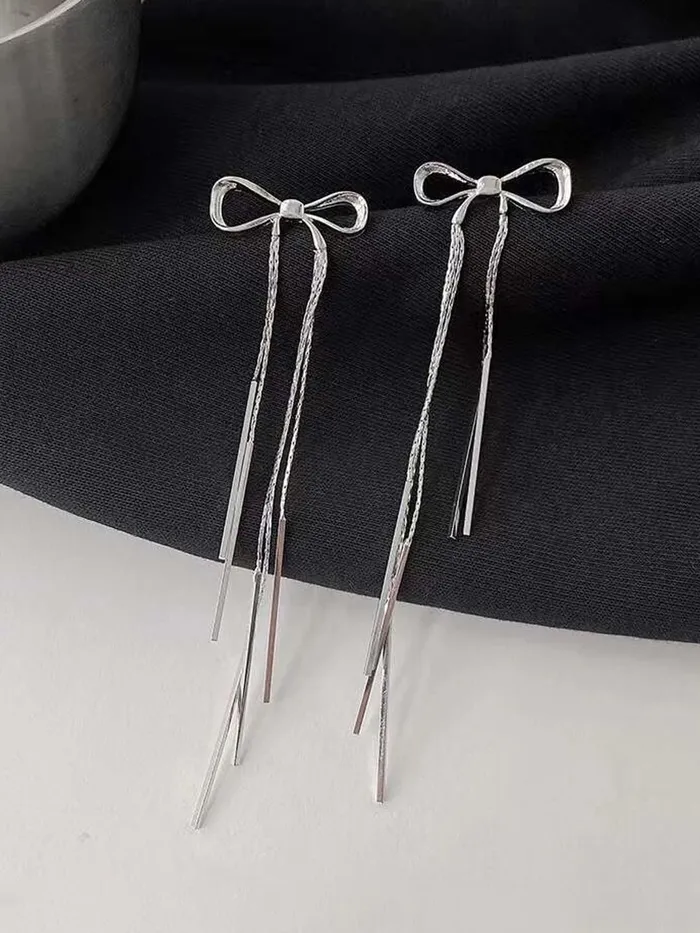 Necklaces Yellow Chimes Earrings For Women Silver Toned Bow Shaped Chain Hanging Dangler Earrings For Women and Girls Yellow Chimes