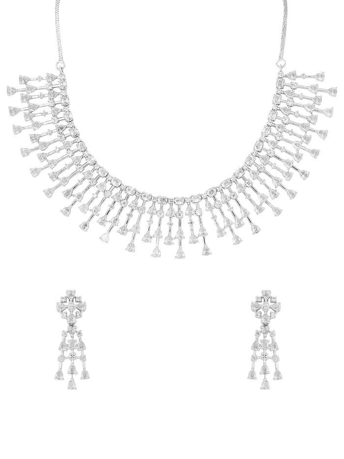 Necklaces Yellow Chimes Elegant Silver AD Necklace Set American Diamond Jewelry with Lightweight Design Lobster Clasp 32cm Necklaces Yellow Chimes Elegant Silver AD Necklace Set American Diamond Jewelry with Lightweight Design Lobster Clasp 32cm
