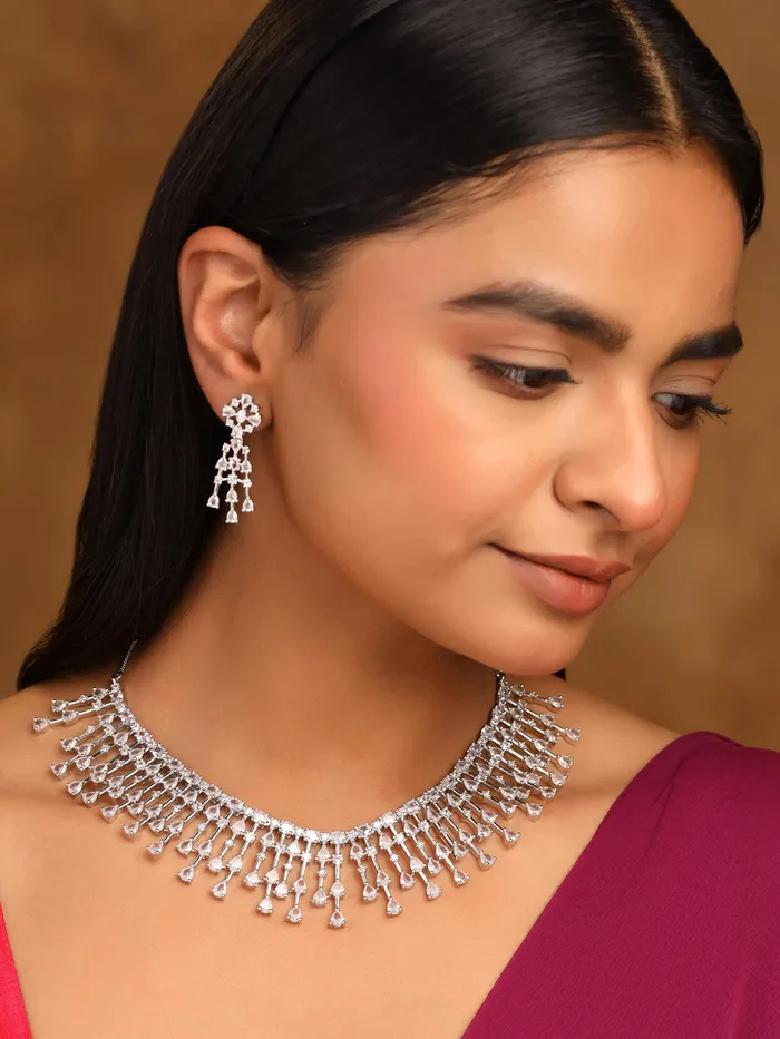 Necklaces Yellow Chimes Elegant Silver AD Necklace Set American Diamond Jewelry with Lightweight Design Lobster Clasp 32cm