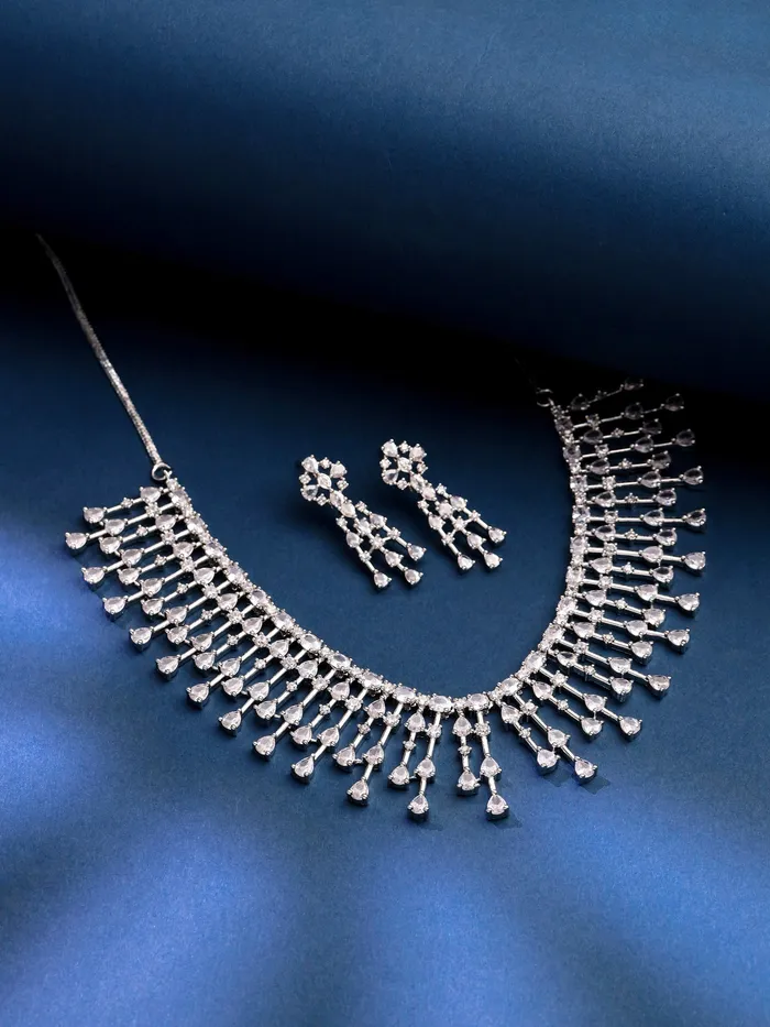 Necklaces Yellow Chimes Elegant Silver AD Necklace Set American Diamond Jewelry with Lightweight Design Lobster Clasp 32cm