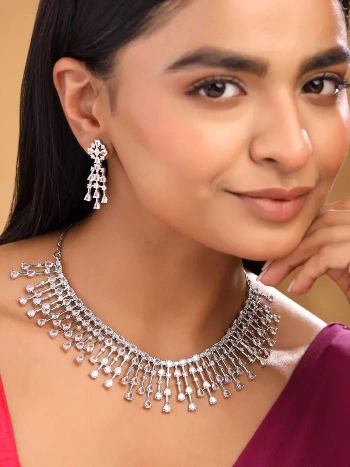 Necklaces Yellow Chimes Elegant Silver AD Necklace Set American Diamond Jewelry with Lightweight Design Lobster Clasp 32cm
