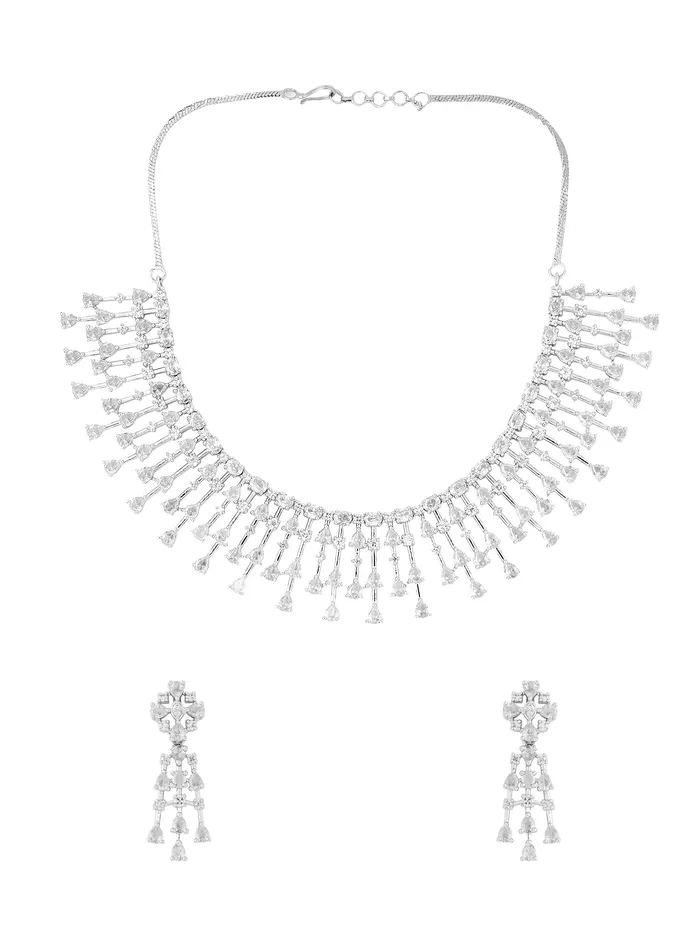 Necklaces Yellow Chimes Elegant Silver AD Necklace Set American Diamond Jewelry with Lightweight Design Lobster Clasp 32cm