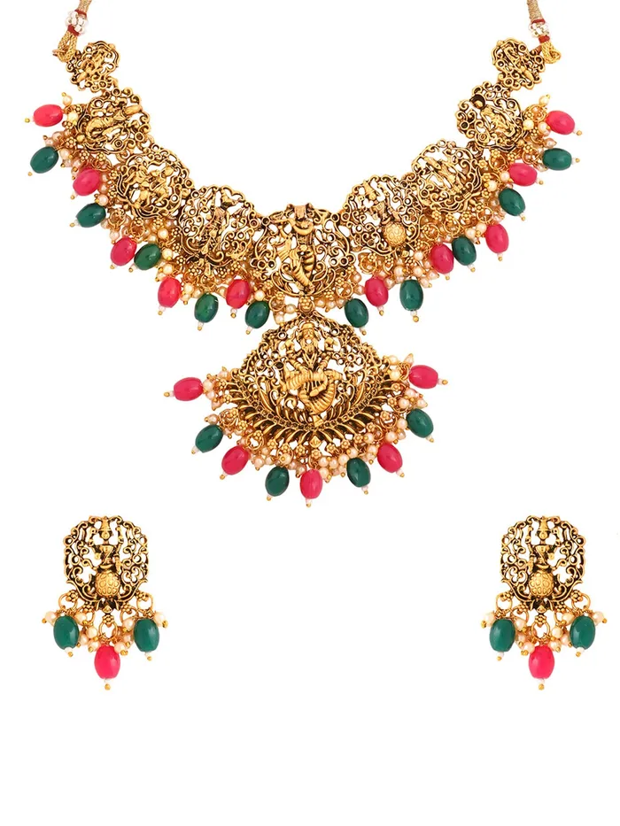 Necklaces Yellow Chimes Jewellery Set for Women Gold Plated Traditional Temple Jewelry Set Antique Necklace Set with Earrings and Maangtikka for Women and Girls JS 18 Yellow Chimes Necklaces Yellow Chimes Jewellery Set for Women Gold Plated Traditional Temple Jewelry Set Antique Necklace Set with Earrings and Maangtikka for Women and Girls JS 18 Yellow Chimes