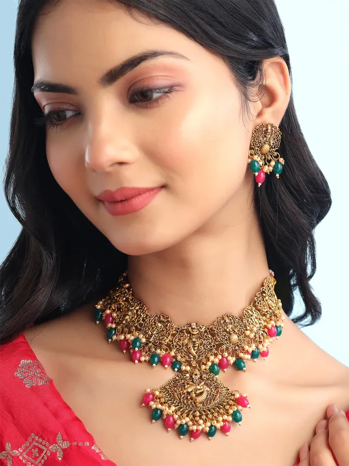 Necklaces Yellow Chimes Jewellery Set for Women Gold Plated Traditional Temple Jewelry Set Antique Necklace Set with Earrings and Maangtikka for Women and Girls JS 18 Yellow Chimes