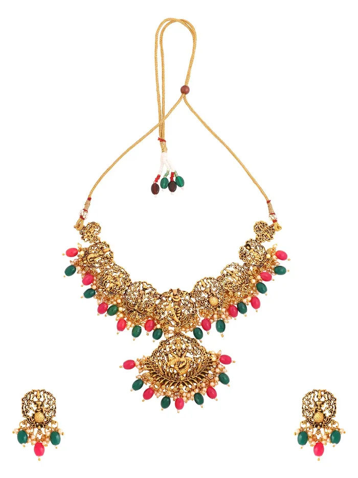 Necklaces Yellow Chimes Jewellery Set for Women Gold Plated Traditional Temple Jewelry Set Antique Necklace Set with Earrings and Maangtikka for Women and Girls JS 18 Yellow Chimes