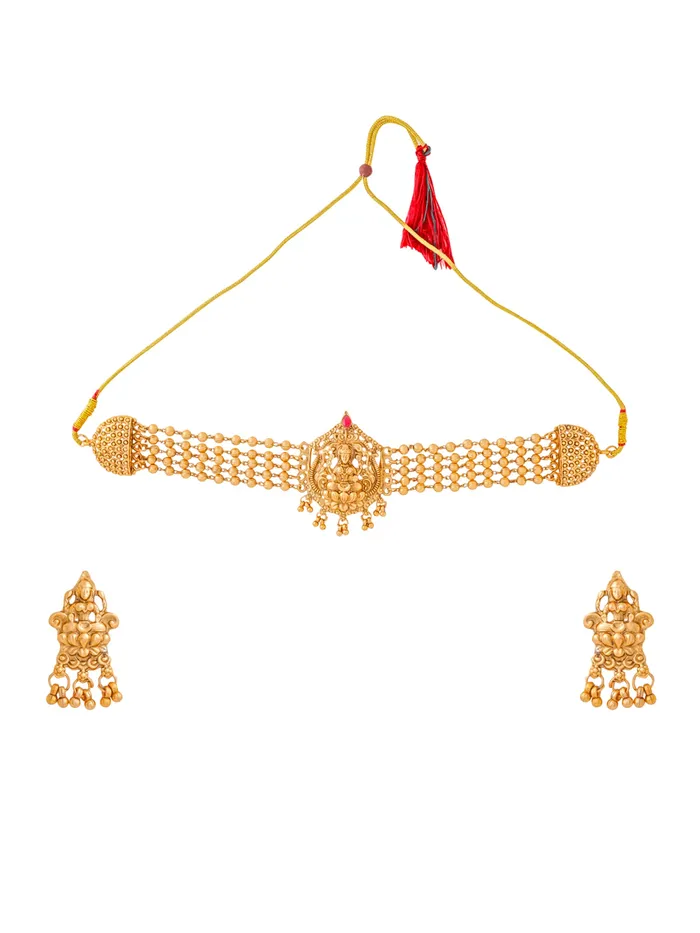 Necklaces Yellow Chimes Jewellery Set Gold Plated Choker Necklace with Lakshmi Motifs Earrings Included Adjustable Gold Necklaces Yellow Chimes Jewellery Set Gold Plated Choker Necklace with Lakshmi Motifs Earrings Included Adjustable Gold
