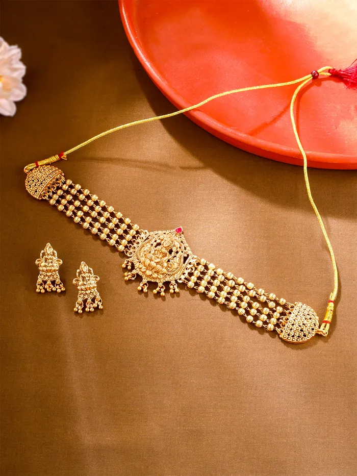 Necklaces Yellow Chimes Jewellery Set Gold Plated Choker Necklace with Lakshmi Motifs Earrings Included Adjustable Gold