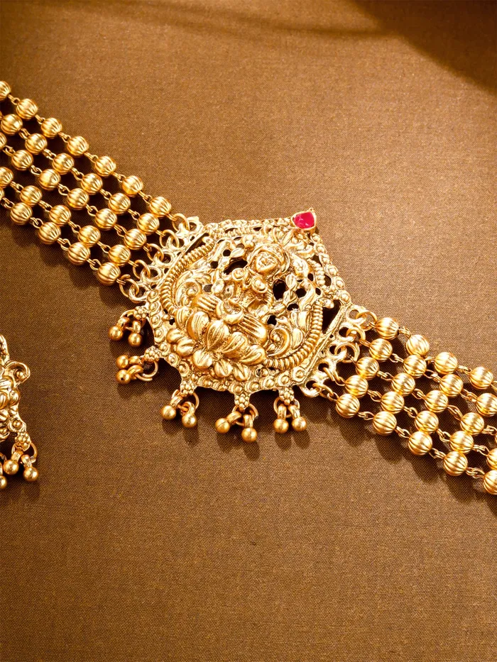 Necklaces Yellow Chimes Jewellery Set Gold Plated Choker Necklace with Lakshmi Motifs Earrings Included Adjustable Gold