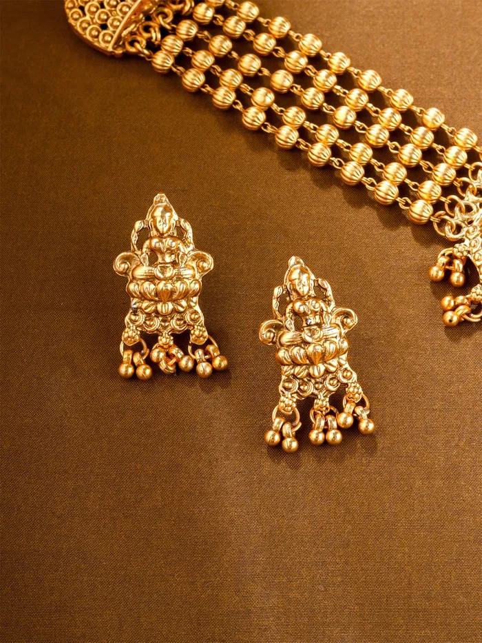 Necklaces Yellow Chimes Jewellery Set Gold Plated Choker Necklace with Lakshmi Motifs Earrings Included Adjustable Gold