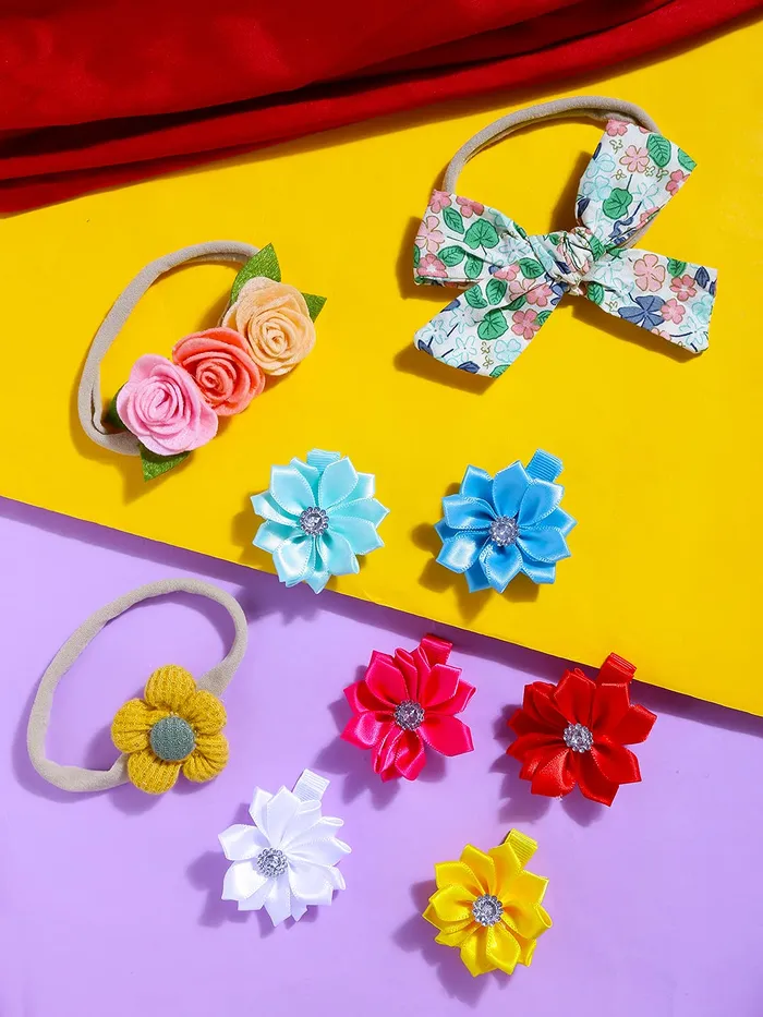 Necklaces Yellow Chimes Melbees by Yellow Chimes Combo of 3 Stretcheable Hair Bands and 6 Floral Big Hair Clips Hair Accessories for Baby Infant Pack of 9 MultiColor Medium