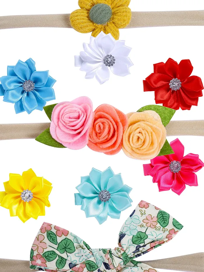 Necklaces Yellow Chimes Melbees by Yellow Chimes Combo of 3 Stretcheable Hair Bands and 6 Floral Big Hair Clips Hair Accessories for Baby Infant Pack of 9 MultiColor Medium