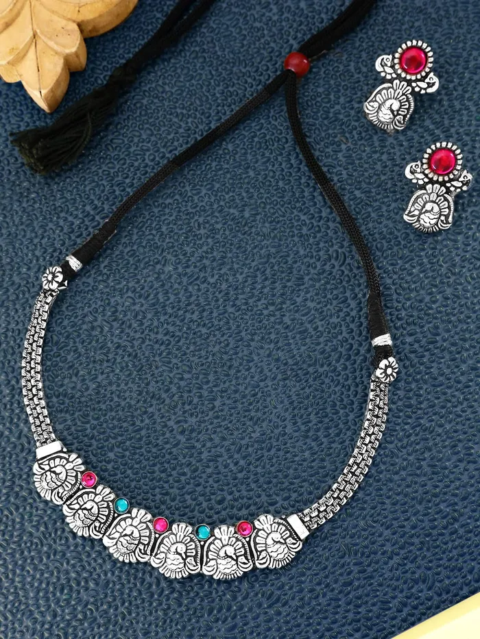 Necklaces Yellow Chimes Oxidised Jewellery Set for Women Authentic Kolhapuri Work Handmade Silver Traitional Choker Necklace Sets for Women and Girls Yellow Chimes