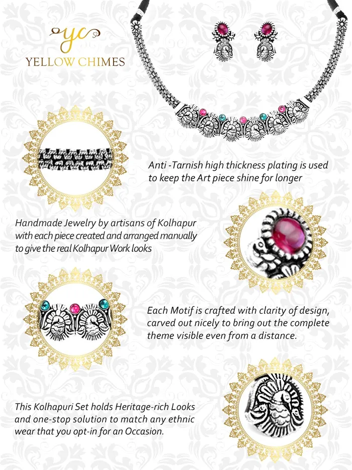 Necklaces Yellow Chimes Oxidised Jewellery Set for Women Authentic Kolhapuri Work Handmade Silver Traitional Choker Necklace Sets for Women and Girls Yellow Chimes