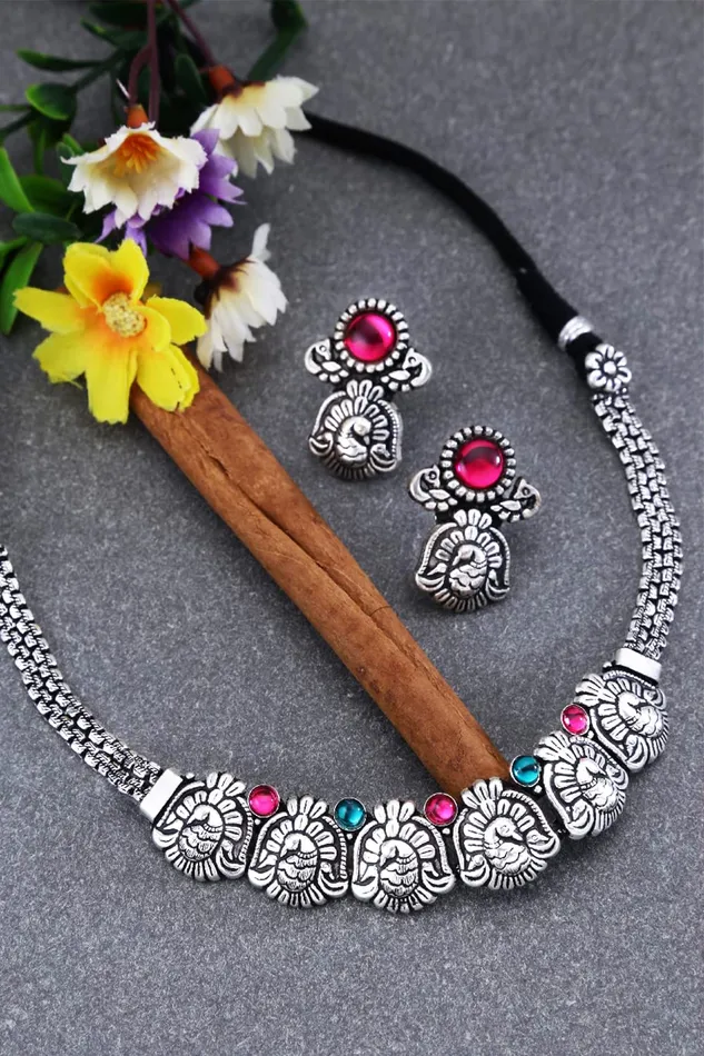 Necklaces Yellow Chimes Oxidised Jewellery Set for Women Authentic Kolhapuri Work Handmade Silver Traitional Choker Necklace Sets for Women and Girls Yellow Chimes