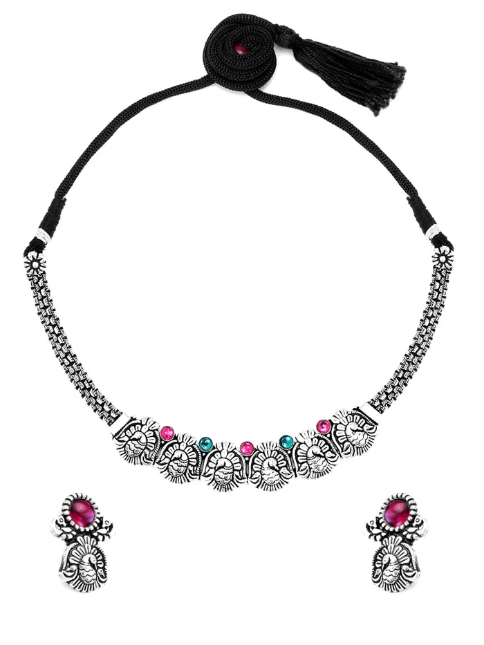 Necklaces Yellow Chimes Oxidised Jewellery Set for Women Authentic Kolhapuri Work Handmade Silver Traitional Choker Necklace Sets for Women and Girls Yellow Chimes