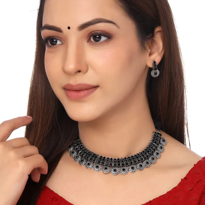 Necklaces Yellow Chimes Oxidised Jewellery Set for Women Silver Oxidised Jewelry Studded Multicolor Stoned Choker Necklace Set With Earrings for Women and Girls Style 6 Yellow Chimes