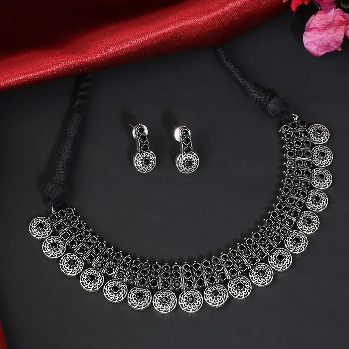 Necklaces Yellow Chimes Oxidised Jewellery Set for Women Silver Oxidised Jewelry Studded Multicolor Stoned Choker Necklace Set With Earrings for Women and Girls Style 6 Yellow Chimes