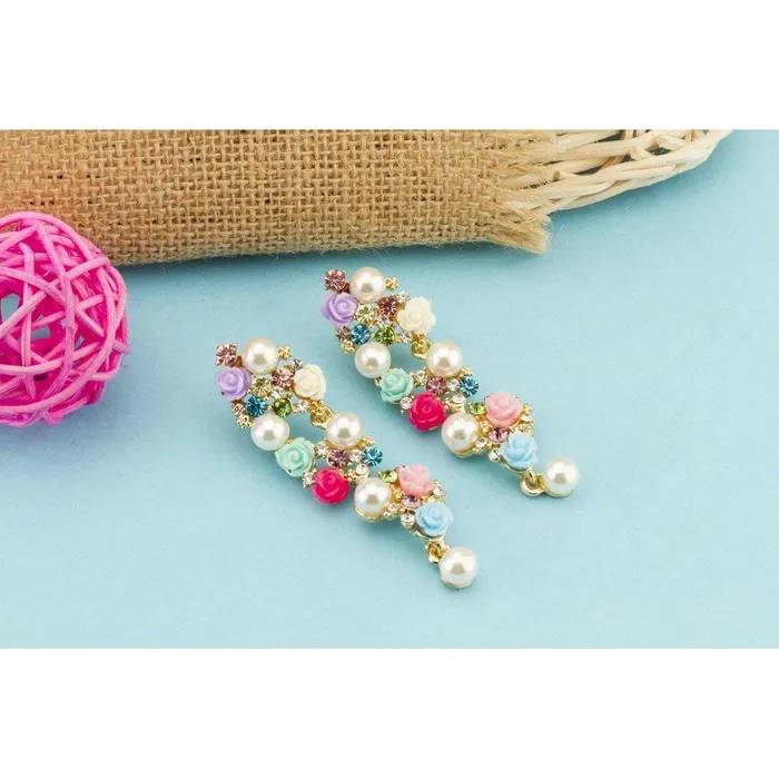 Necklaces Yellow Chimes Pearl Earrings for Women Fashion Collection Multicolor Rose Floral Design Gold Plated Danglers Earrings For Women Yellow Chimes