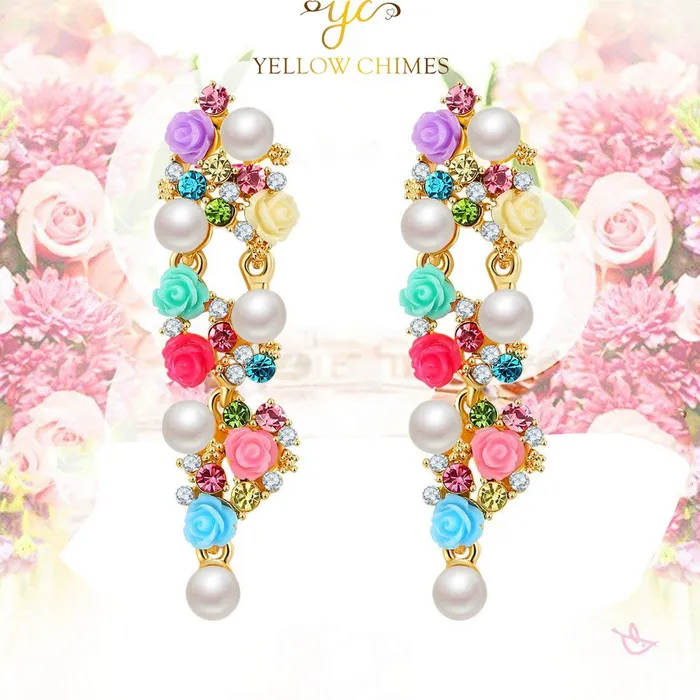 Necklaces Yellow Chimes Pearl Earrings for Women Fashion Collection Multicolor Rose Floral Design Gold Plated Danglers Earrings For Women Yellow Chimes