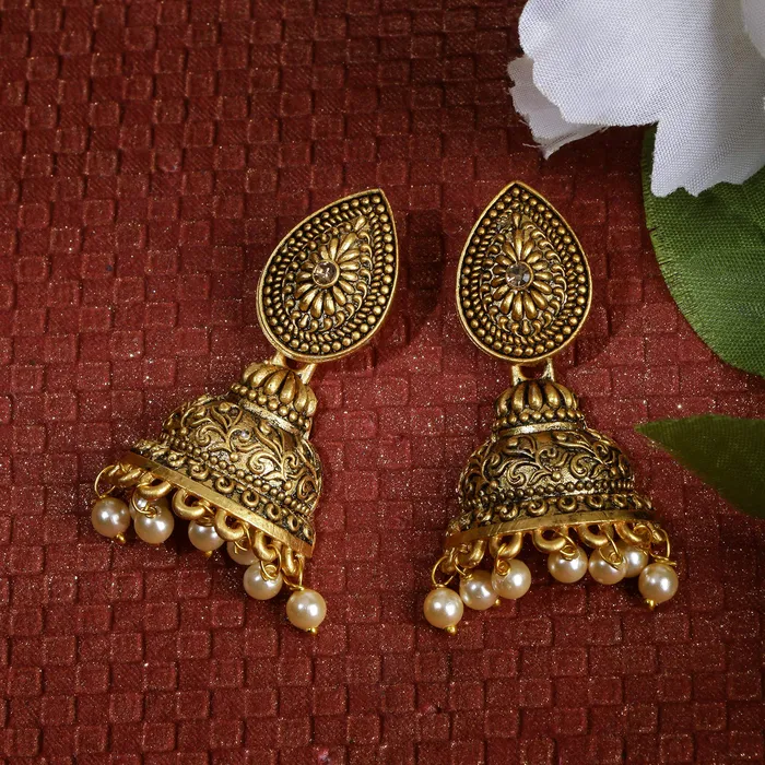 Necklaces Yellow Chimes Traditional JhumkaJhumki Earrings Temple Jewellery Artistic Crafted Antique Oxidized Matte Gold Plated Pearl Earrings for Womens Girls Yellow Chimes