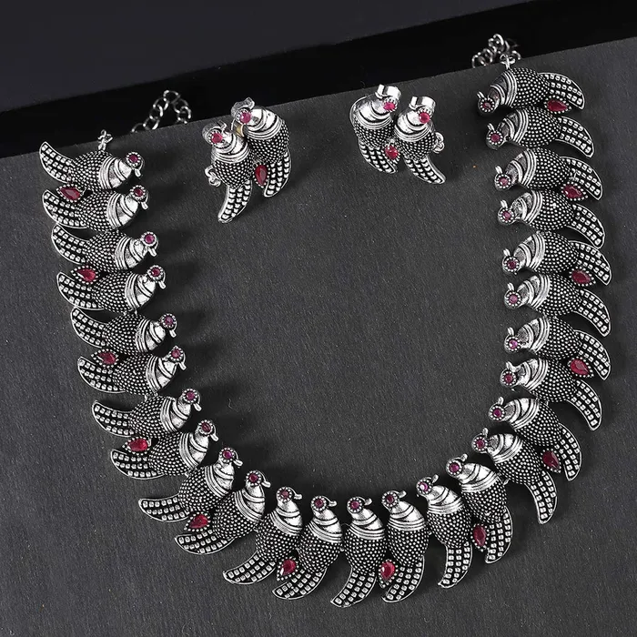 Necklaces Yellow Chimes Yellow Chimes Antique Look Genuine German Silver Oxidised Jewellery Set Designer Parrot Carved Choker Necklace Set for Women and Girls