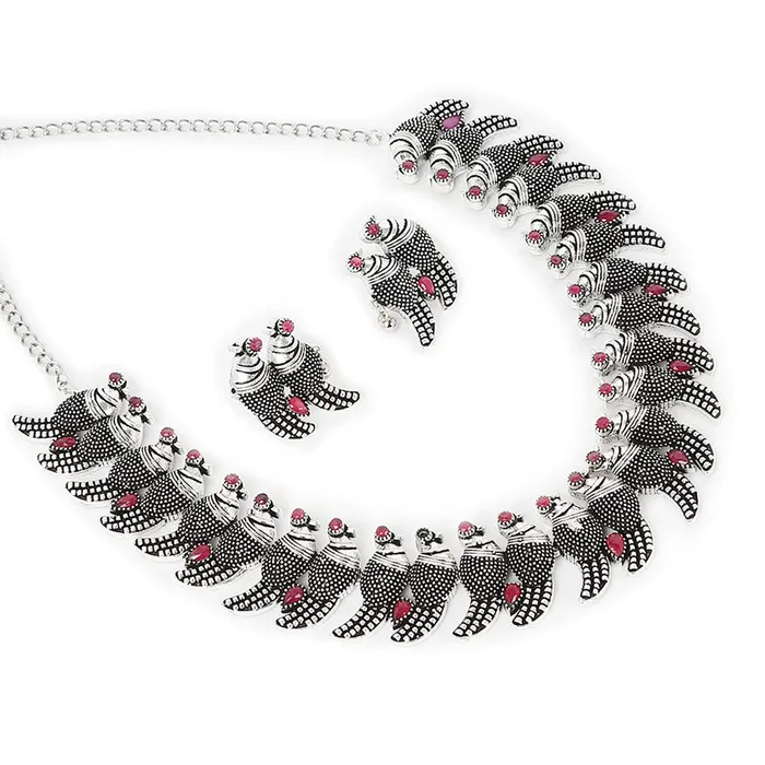 Necklaces Yellow Chimes Yellow Chimes Antique Look Genuine German Silver Oxidised Jewellery Set Designer Parrot Carved Choker Necklace Set for Women and Girls