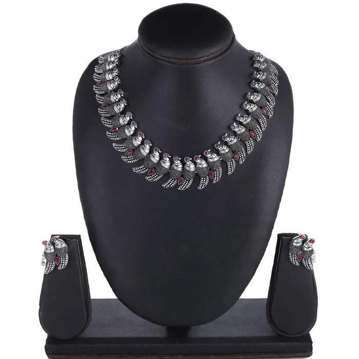 Necklaces Yellow Chimes Yellow Chimes Antique Look Genuine German Silver Oxidised Jewellery Set Designer Parrot Carved Choker Necklace Set for Women and Girls