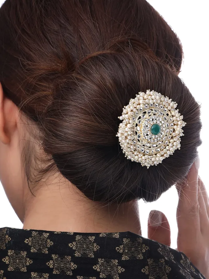Necklaces Yellow Chimes Yellow Chimes Bun Pins for Women Gold Toned Kundan and Beads Studded Ambada Juda Pin Bun Pins for Women and Girls