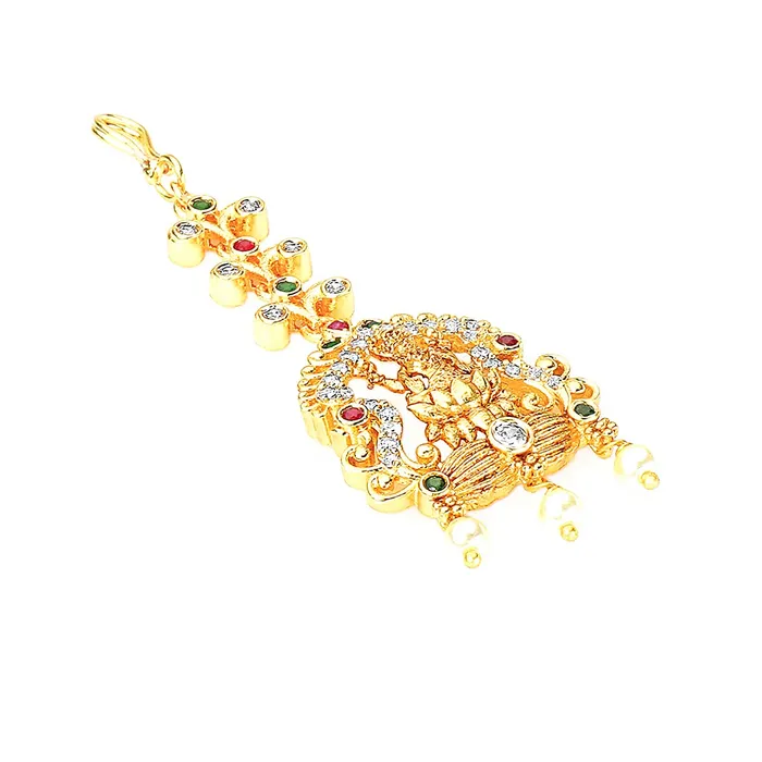 Necklaces Yellow Chimes Yellow Chimes Classic ADAmerican Diamond Studded Gold Plated Lakshmi Design Maang Tikka for Women and Girls Multicolor Medium